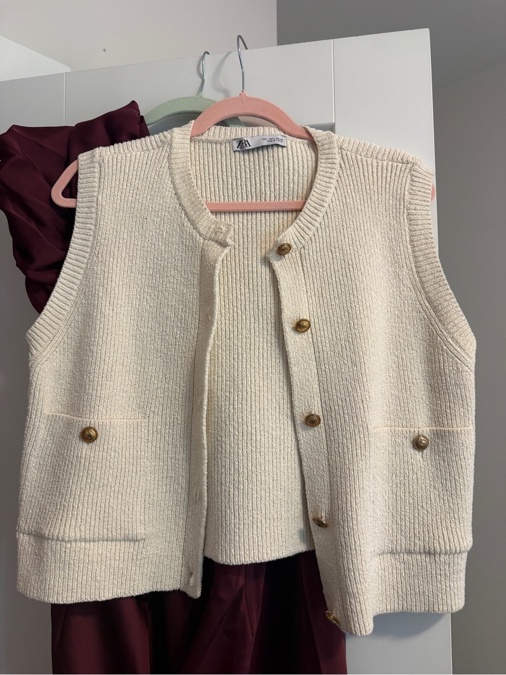 Zara Cream Ribbed Knit Vest with Gold Buttons